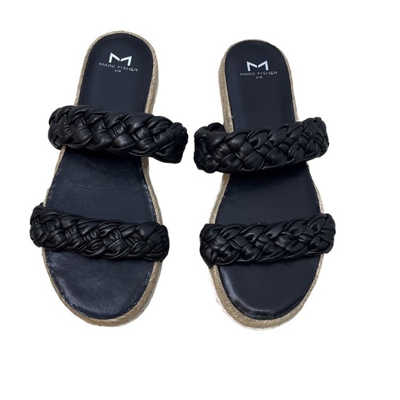 Marc Fisher Jaimee Braided Flat Espadrille Slip On Sandal Size 8 Black Leather - Picture 4 of 10